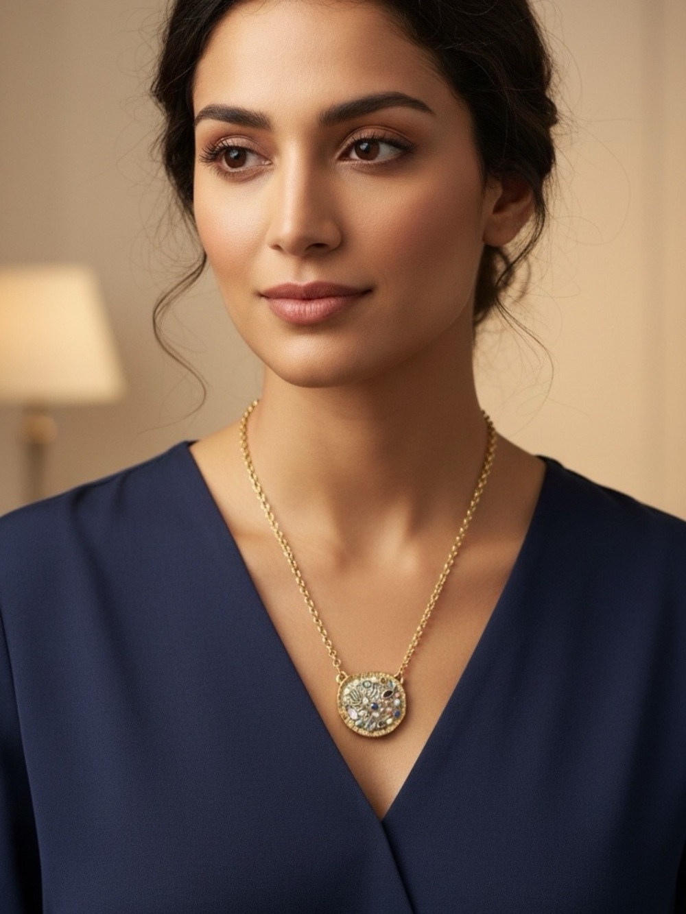 Michal Golan Gold-Tone Round Necklace. pearl, abalone and natural stones